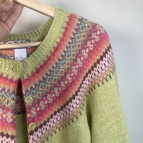 VTG Tiara International Sweater Women L Green Fair Isle Full Button Cotton Blend - Picture 3 of 9